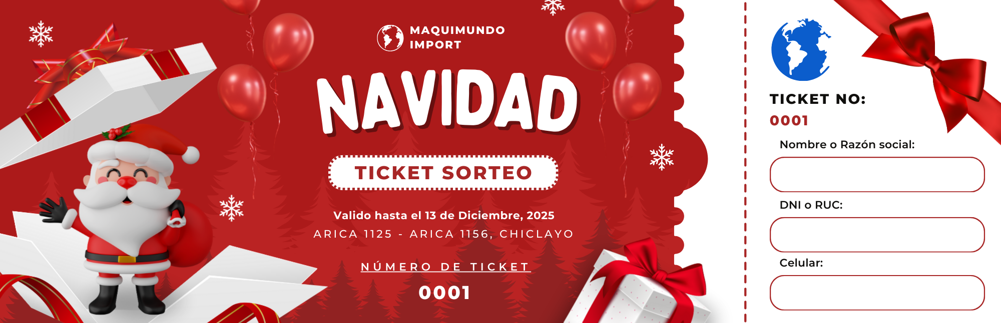 Boleto para Sorteo Escolar Navideño, Rojo y verde. Estilo Talonario.